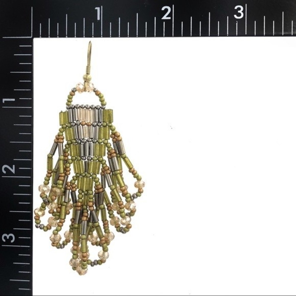 Olive Green Gold Bugle Seed Bead Loop Tassel Handmade Statement Dangle Earrings - Picture 2 of 3